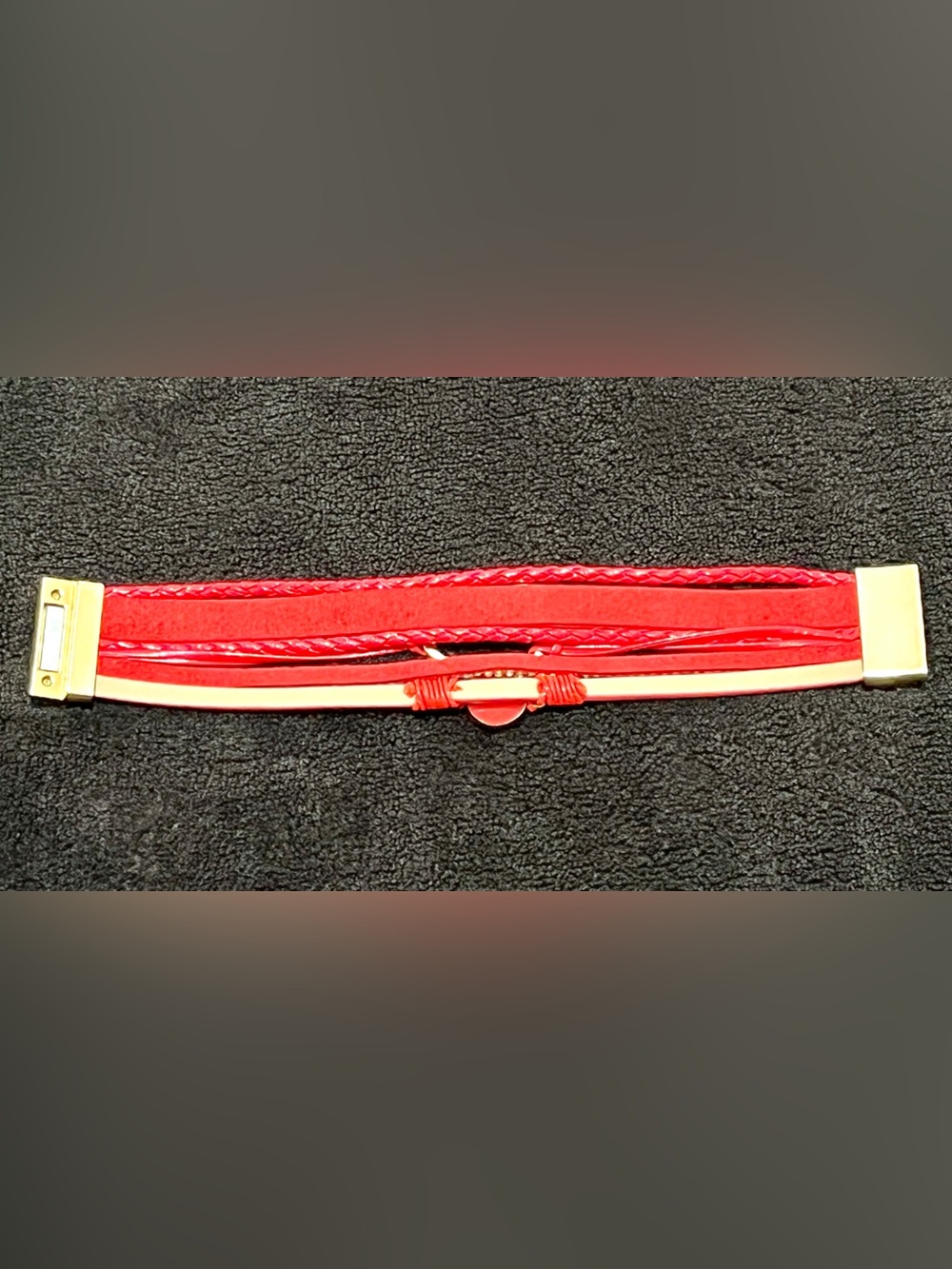 Boho Red Layered Leather Cuff Boutique Magnetic Bracelet Gold Heart Druzy Clasp - Picture 3 of 5